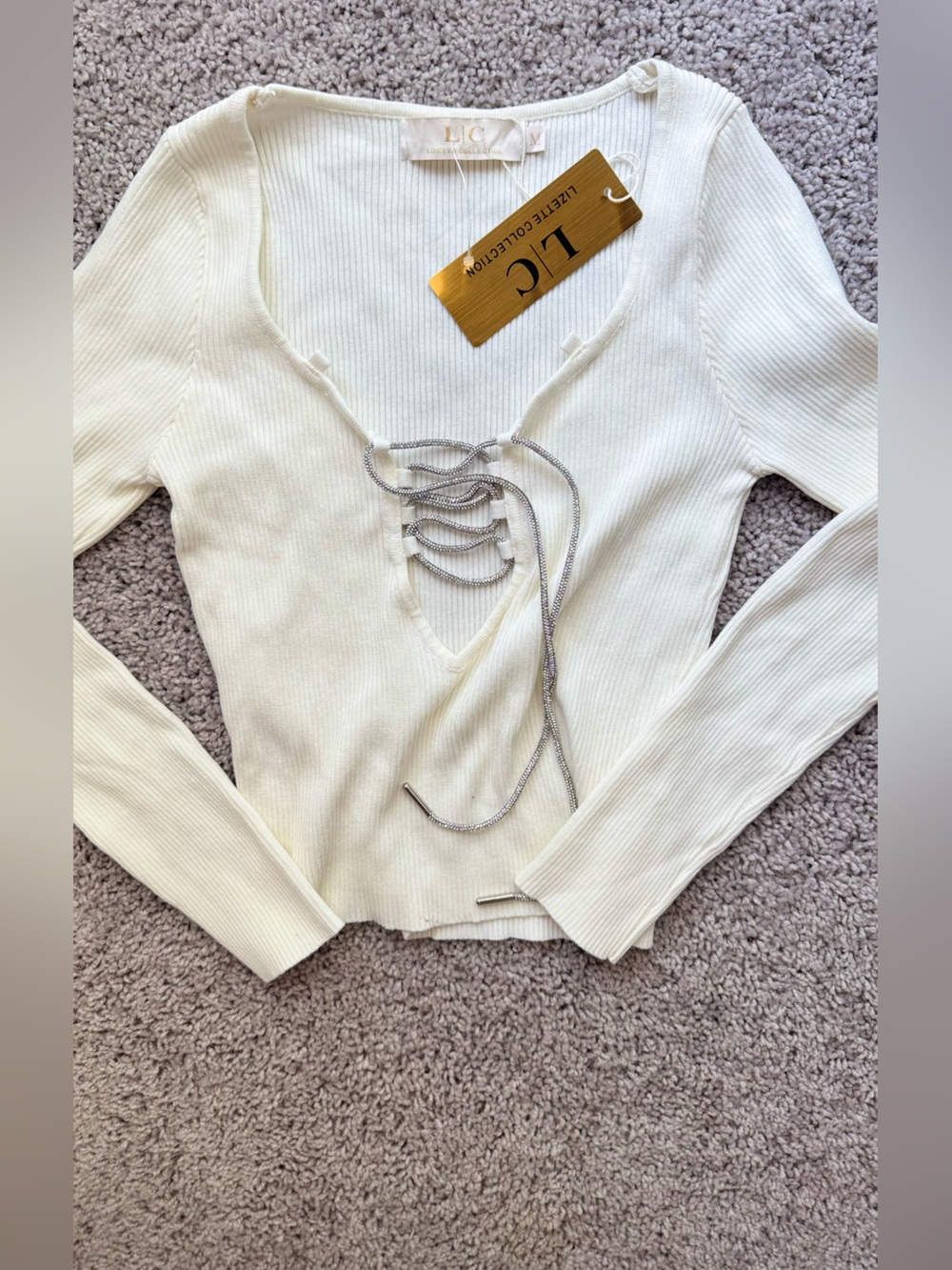 Cream Ribbed Lace-Up Women’s Sweater